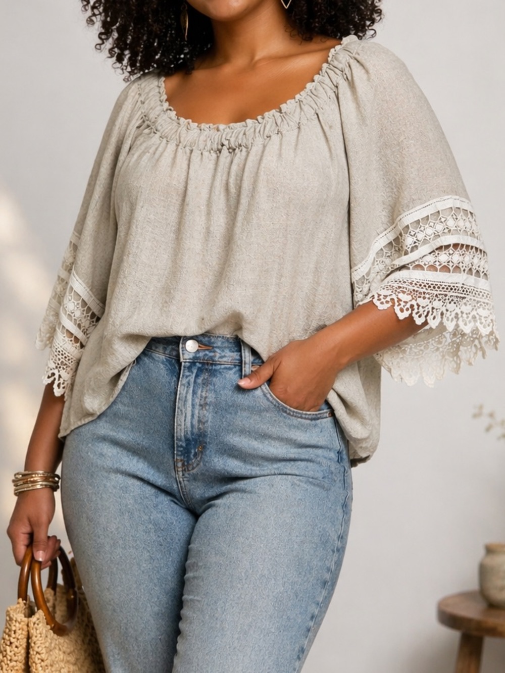 Boho Linen Peasant Top Off Shoulder Lace Sleeve Blouse Balloon Sleeve